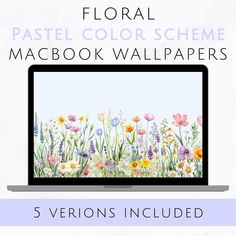 a laptop computer sitting on top of a table with the words floral pastel color scheme macbook wallpapers 5 versions included