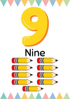 the number nine with pencils in front of it and an arrow pointing to them