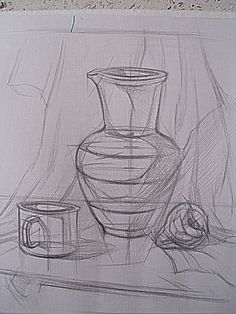 a drawing of a vase and two cups