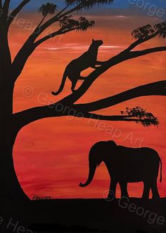 an elephant and cat are silhouetted against the sunset