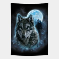 a wolf with the moon in the background