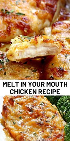 two pictures of chicken and broccoli with the text melt in your mouth chicken recipe