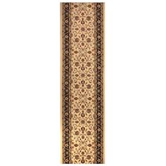 a long rug with an intricate design on the bottom and black border, along with a beige background