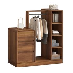 an open wooden closet with clothes hanging on it