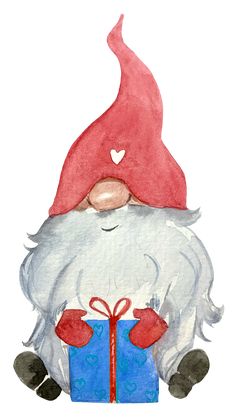 a watercolor painting of a gnome holding a blue gift box with a heart on it