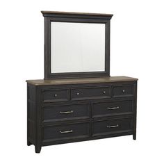 a dresser with a mirror on top of it and drawers under the drawer, in front of a white background