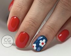 Diy July 4th Nails, Red And Blue Floral Nails, Red White And Blue Nail Art, Red White And Blue Floral Nails, Red And Blue Flower Nails, Red White And Blue Flower Nails, Simple Patriotic Nails, Red And Blue Nails Design, Red Summer Nails Designs