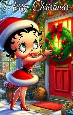 a christmas card with a cartoon girl holding a wreath