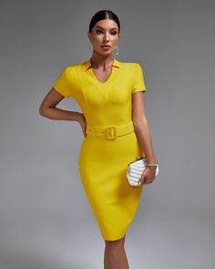 This V Neck Short Sleeve Dress flaunts a fashionable tie-waist design with its included belt. perfect for showing off your curves. The sleek V-neck brings a touch of elegance and make it suitable for a variety of occasions.Our Style No.OW2306690%Polyester. 10%SpandexVery StretchyHeight - 68.9"/175cm Bust - 34.6"/88cm Waist - 25.6"/65cm Hips - 36.6"/93cm and wears size SGentle Dry Clean Only Red Carpet Affair, Bandage Midi Dress, Church Outfits, Dress Silhouette, Stretch Dress, Short Sleeve Dress, Bandage Dress, Yellow Dress, Dress Materials