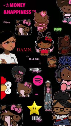 various stickers are shown on a black background