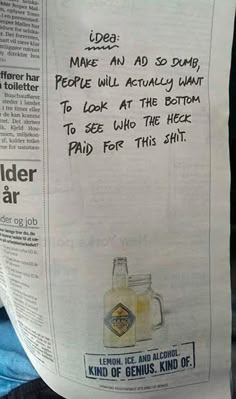 a newspaper paper with an ad for cider aleger on it and the caption