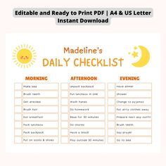 the printable daily checklist for kids is shown in orange and yellow with stars