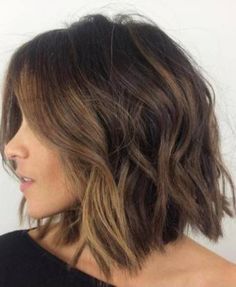 Shaggy Brunette Bob with Face Framing Balayage- Bob hairstyles Short Fine Hair Brunette, Stacked Brunette Bob, Shaggy Bob Brunette, Face Frame Bob, Brunette Bob Balayage, Straight Textured Bob, Wavy Chin Length Hair, Bob Balayage Brunette, Hair Framing Face