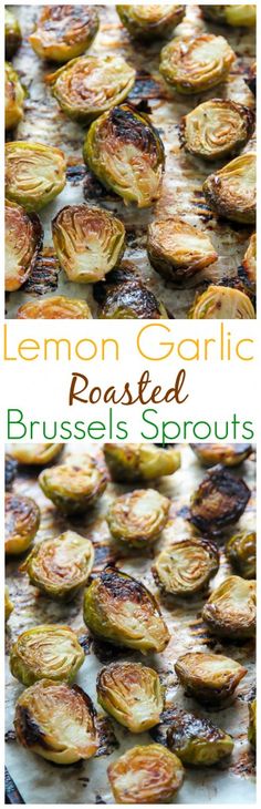 grilled brussel sprouts on a baking sheet with text overlay