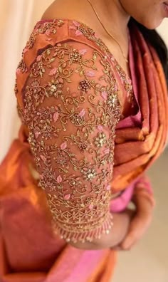 Orange And Pink Blouse Design, Engagement Blouse Work Designs, Blouse Designs Engagement, Netted Bridal Blouse Designs, Aari Wedding Blouse Design, Aari Work Blouse For Engagement, Pink Pattu Blouse Maggam Work Designs, Engagement Aari Work Blouse, Bridal Blouse Ideas