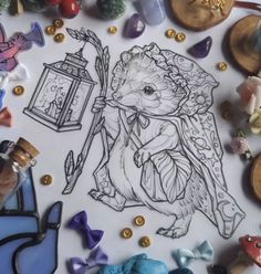 a drawing of a bird with a lantern on it's back surrounded by other items