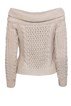 Go cozy in cable knit with this soft and chic sweater from Intermix! Made in a warm wool blend and trendy off-the-shoulder design, this luxe beauty is perfect for throwing on for your next night out during those crisp months. Pair with distressed jeans and booties and you're sure to heat up the cold! Size S 50% Wool, 50% Cotton Pullover Off-the-shoulder design Cable knit Bust 35" Waist 36" Sleeve length 18.25" Shoulder to hem 23.5" Shoulder Cable, French Girl Chic, Chic Sweater, Chic Shop, Chic Sweaters, Buy Shoes Online, Cotton Pullover, French Girl, Jacket Design