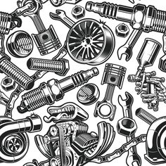 a bunch of different types of motor parts in black and white ink on a white background