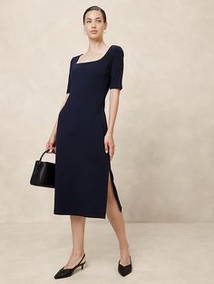 Elbow-Sleeve Ribbed Midi Dress | Banana Republic Factory Guest Wedding Dress, Corporate Dress, Ribbed Midi Dress, Work Dress, Banana Republic Factory, Elbow Sleeve, Elbow Length Sleeve, Clothing Ideas, Casual Fall