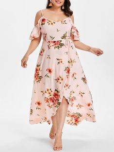 Plus Size Cold Shoulder Floral Overlap Dress - Light Pink - 3W74409628 - Women's Clothing, Plus Size Women's Clothing  #PlusSizeWomensClothing #Women's #Clothing # #Plus #Size #Women's #Clothing Flower Print Long Dress, Bohemian Beach Dress, Printed Beach Dresses, Summer Cocktail Dress, Big Size Dress, Boho Mode, Sukienki Plus Size, Cold Shoulder Maxi Dress, Flowing Dress