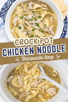 bowl of chicken noodle soup and a crockpot full of the soup Creamy Chicken And Noodles Crockpot, Crockpot Chicken Noodle Soup, Chicken Noodle Soup Crock Pot, Devilled Eggs, Crockpot Chicken And Dumplings, Hearty Meal, Eggs Recipe, Hearty Stews