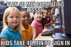 a group of children sitting in front of a computer monitor with the caption plan 40 min computing lesson