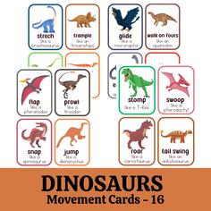 dinosaurs movement cards with the words dinosaurs in different colors and font on each card