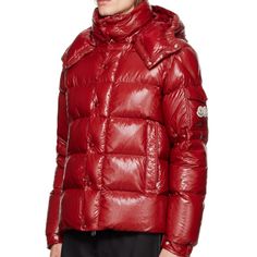 Red Moncler Maya 70 Color Berry Red Luxury Burgundy Outerwear For Winter, Luxury Burgundy Winter Outerwear, Red Down Outerwear With Detachable Hood, Hooded Red Down Outerwear, Red Hooded Down Outerwear, Luxury Red Winter Outerwear, Luxury Red Fall Outerwear, Designer Red Hooded Outerwear, Designer Red Long Sleeve Outerwear