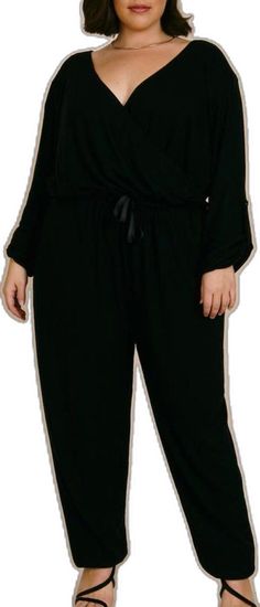 Casual Black Jumpsuits And Rompers With Elastic Waistband, Black Relaxed Fit Jumpsuits And Rompers For Loungewear, Black Jumpsuits And Rompers With Elastic Waistband For Work, Black Stretch Jumpsuits And Rompers For Loungewear, Black Sleepwear For Lounging In Fall, Black Fall Loungewear Sleepwear, Fall Black Sleepwear For Lounging, Chic Long Pants Jumpsuits And Rompers For Loungewear, Casual Long Sleeve Sleep Jumpsuits And Rompers