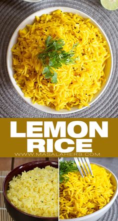 lemon rice in a bowl with limes on top and the words lemon rice above it