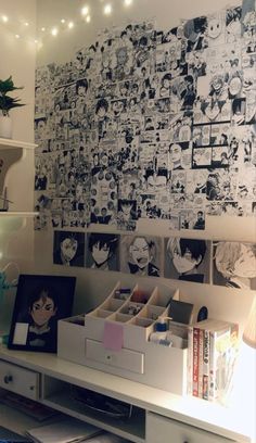 the wall is covered with many pictures and drawings