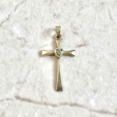 Vintage 14 Karat Two - Tone Diamond Heart Cross Pendant - WeilJewelry White Gold Cross Pendant, Gold Cross Necklace, Gold Cross Pendant, Diamond Cross Pendants, Diamond Cross, Gold Cross, Religious Jewelry, Christian Gifts, Diamond Heart