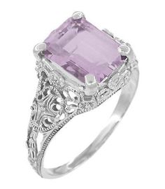 Edwardian Filigree Emerald Cut Rose de France Ring in 14 Karat White Gold - Item: R618RF #antiquejewelrymall #rosedefrance #amethyst #filigreering #pastelcolorjewelry Green Amethyst Engagement Ring, Edwardian Engagement Ring, Floral Filigree, Amethyst Ring Engagement, Filigree Engagement Ring, Green Amethyst Ring, Morganite Engagement, Colored Stone, Morganite Engagement Ring