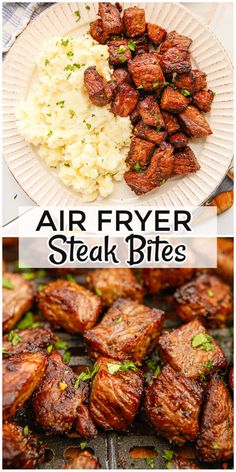 air fryer steak bites on a plate with rice