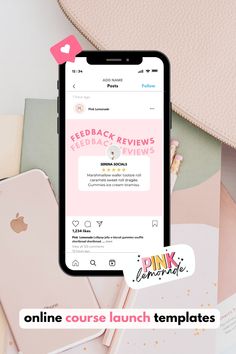an iphone with the text, online course launch templates on it next to other items