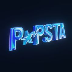 the words papsia are lit up in blue and white letters on a black background