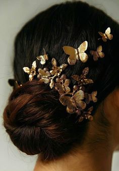 Updo With Butterflies, Butterfly Bridal Hair, Gold Butterfly Hair Accessories, Butterfly Hair Jewelry, Fantasy Hair Jewelry, How To Style Jewelry With Dress, Whimsical Hair Accessories, Prom Hair Butterflies, Nature Hair Accessories