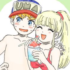 a drawing of two people drinking drinks together