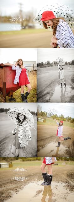 a collage of photos shows a woman in red and white clothing, holding an umbrella