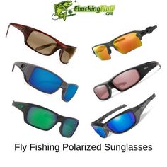 four different types of sunglasses with the words fly fishing polarized sunglasses on them, all in