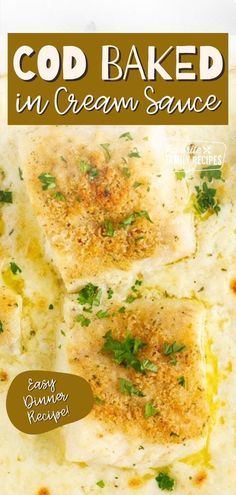 baked in cream sauce with parmesan cheese and herbs on top, over white background