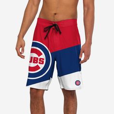 *SEP* *SEP* Dominate summer style the same way your team dominates their opponents. These Chicago Cubs Cropped Logo Colorblock Boardshorts will have you ready for every pool party, beach day, and barbecue. Features Diagonal, multi-team colored design so you can let your true colors shine Large cropped team logo on front right leg that lets you show off your legendary team spirit AND your toned calf muscles Small team logo on front left leg so there's no question who you're rooting for Elastic wa Short Swim Trunks For Summer Sports Events, Summer Short Swim Trunks For Sports, Team-colored Summer Shorts, Team-colored Short Bottoms For Summer, Team Spirit Sports Shorts For Summer, Team-colored Bottoms For Summer Sports Events, Red Swim Trunks For Summer Water Sports, Blue Swimwear For Summer Sports Events, Team Spirit Athletic Shorts For Summer