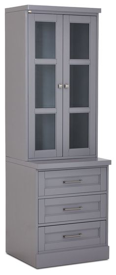 a gray cabinet with drawers and doors