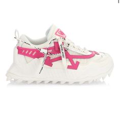 Off-White Odsy Mesh Sneakers White Pink Women’s Eu 40/Us 10 $759. New In Box. Only At Saks. Mounted On A Rigged Rubber Sole, The Odsy Sneaker Is Updated With Signature Double-Arrows At The Sidewall And Contrast Zip-Tie. Polyester Upper Round Toe Lace-Up Vamp Polyester Lining Rubber Sole Imported White Gym Shoes, White Shoes Outfit, Pretty Sneakers, Trendy Shoes Sneakers, Pretty Shoes Sneakers, Shoes Sneakers Jordans, Off White Shoes, White Shoes Sneakers, Cute Sneakers