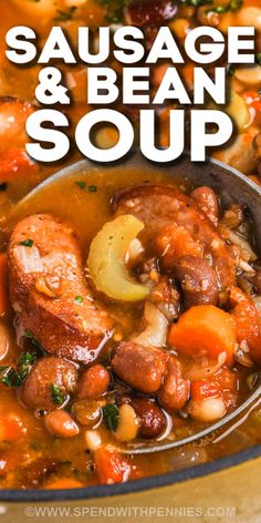 sausage and bean soup in a bowl with spoon