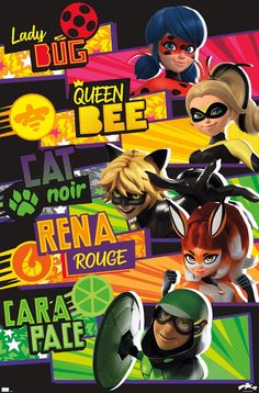 an image of some cartoon characters on a black and yellow background with the words, lady bug queen bee