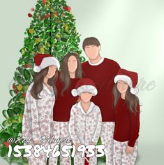 a family wearing christmas pajamas and hats in front of a christmas tree