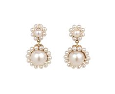 With their sweet design and classic materials, these Sophie Bille Brahe earrings are surprisingly easy-to-wear. Round, white freshwater pearls are clustered together to create two tiny flowers which are set on polished 14K yellow gold backings and connect to 14K yellow gold post backs. The perfect earring for everyday with just a hint of movement. total length : just under 7/8"width : 1/2"freshwater pearls : vary : 2mm diameter to 7mm diameter each14K yellow gold post backs Classic Yellow Gold Flower Earrings For Wedding, Classic White Flower Earrings For Formal Occasions, Formal Pearl White Flower Earrings, Formal White Cluster Earrings With Pearl Drop, Classic Drop Flower Earrings For Formal Occasions, Formal Pearl Drop Flower Earrings, Elegant Yellow Gold Flower Earrings With Pearl Drop, Elegant Yellow Gold Pearl Earrings With Charm, Formal Pearl Cluster Earrings