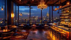 a restaurant with a view of the city skyline at night and lit up by chandeliers