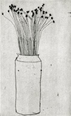 a black and white drawing of flowers in a vase